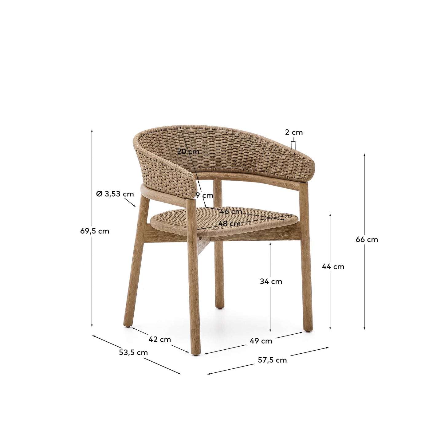 Sedia Arinella in legno massiccio di acacia con finitura naturale e corda beige