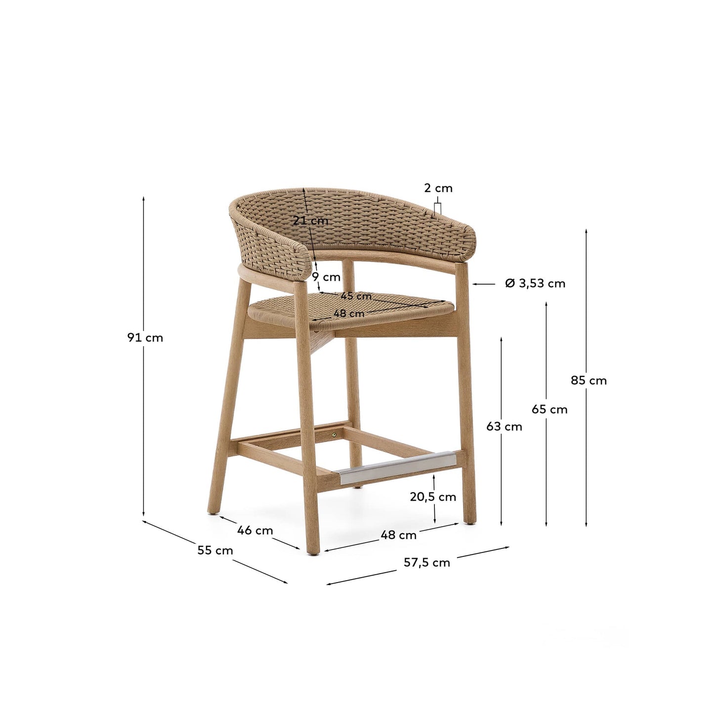 Sgabello Arinella in legno massiccio di acacia con finitura naturale e corda beige 65 cm