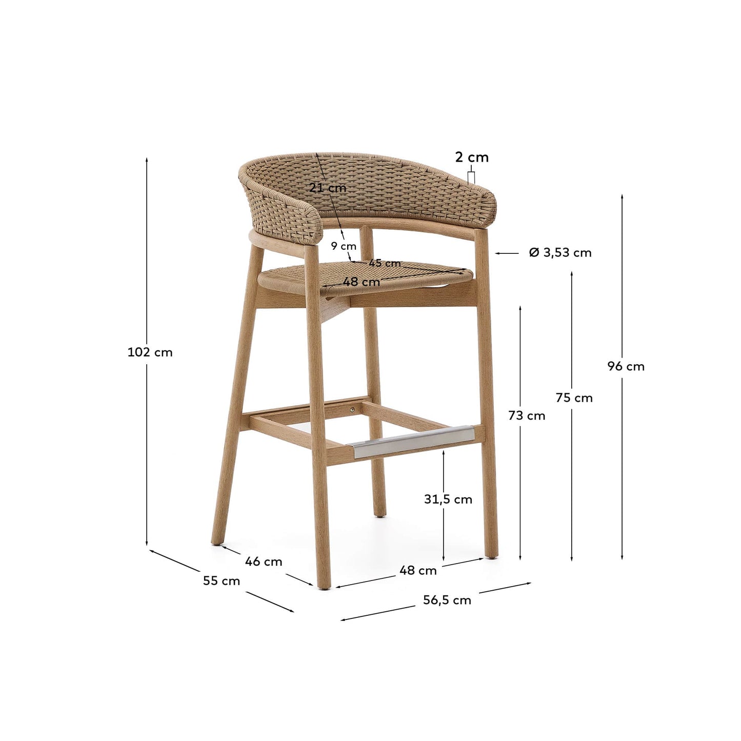 Sgabello Arinella in legno massiccio di acacia finitura naturale e corda beige 75 cm
