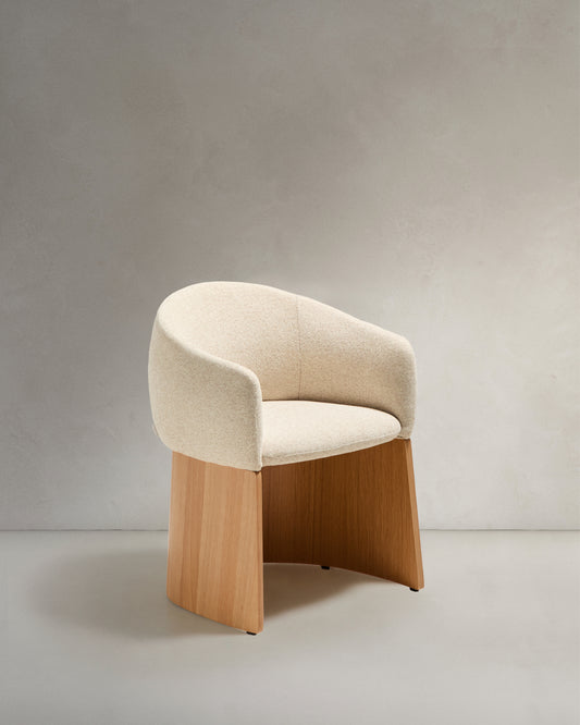 Sedia Bosca in ciniglia beige e impiallacciatura in rovere