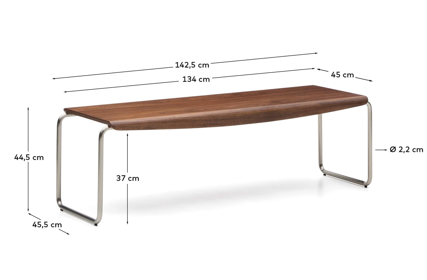 Panca Tarsel in impiallacciato di noce con struttura in acciaio inox spazzolato 142 cm