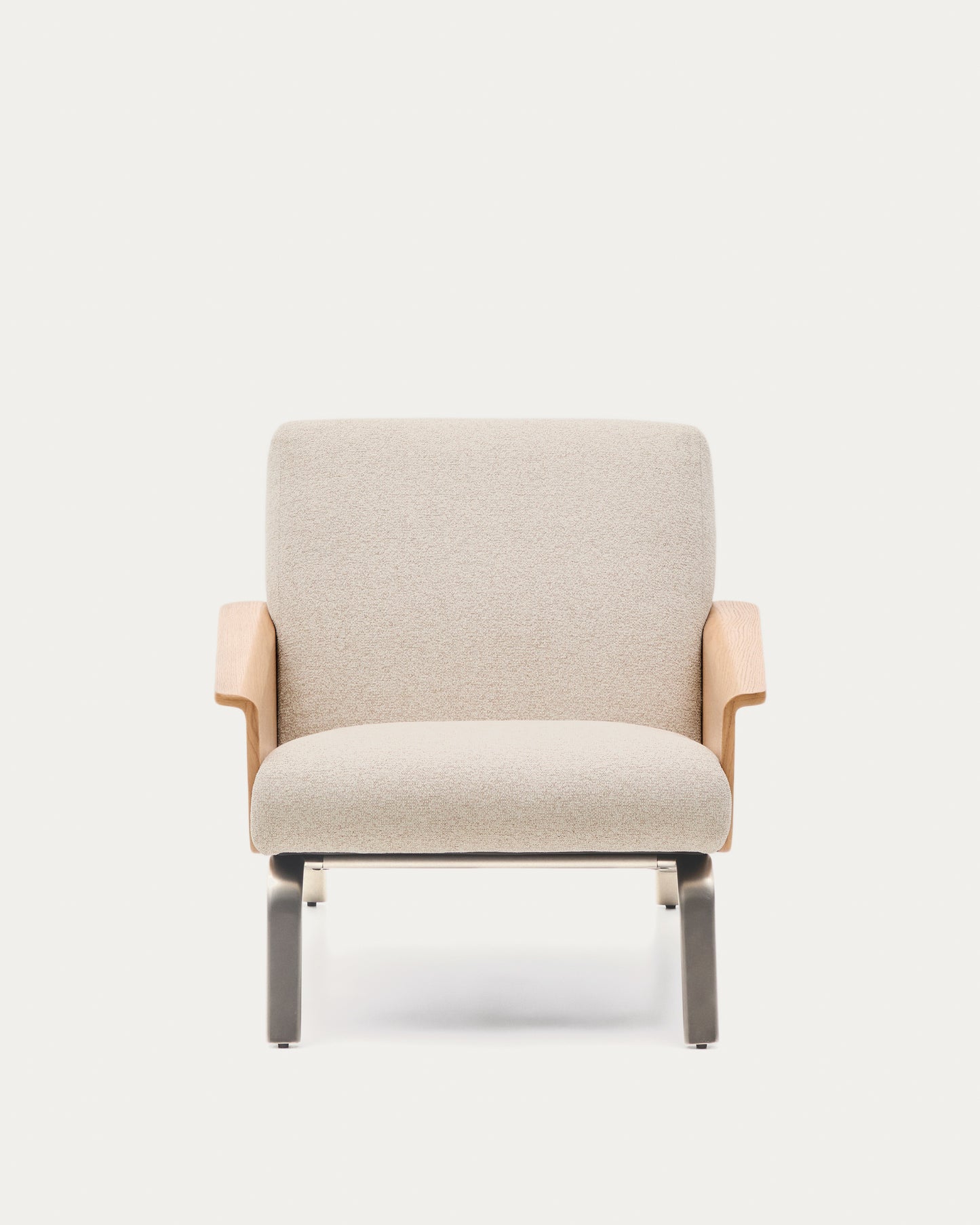 Poltrona Amsen beige in compensato di rovere e gambe in acciaio inox spazzolato