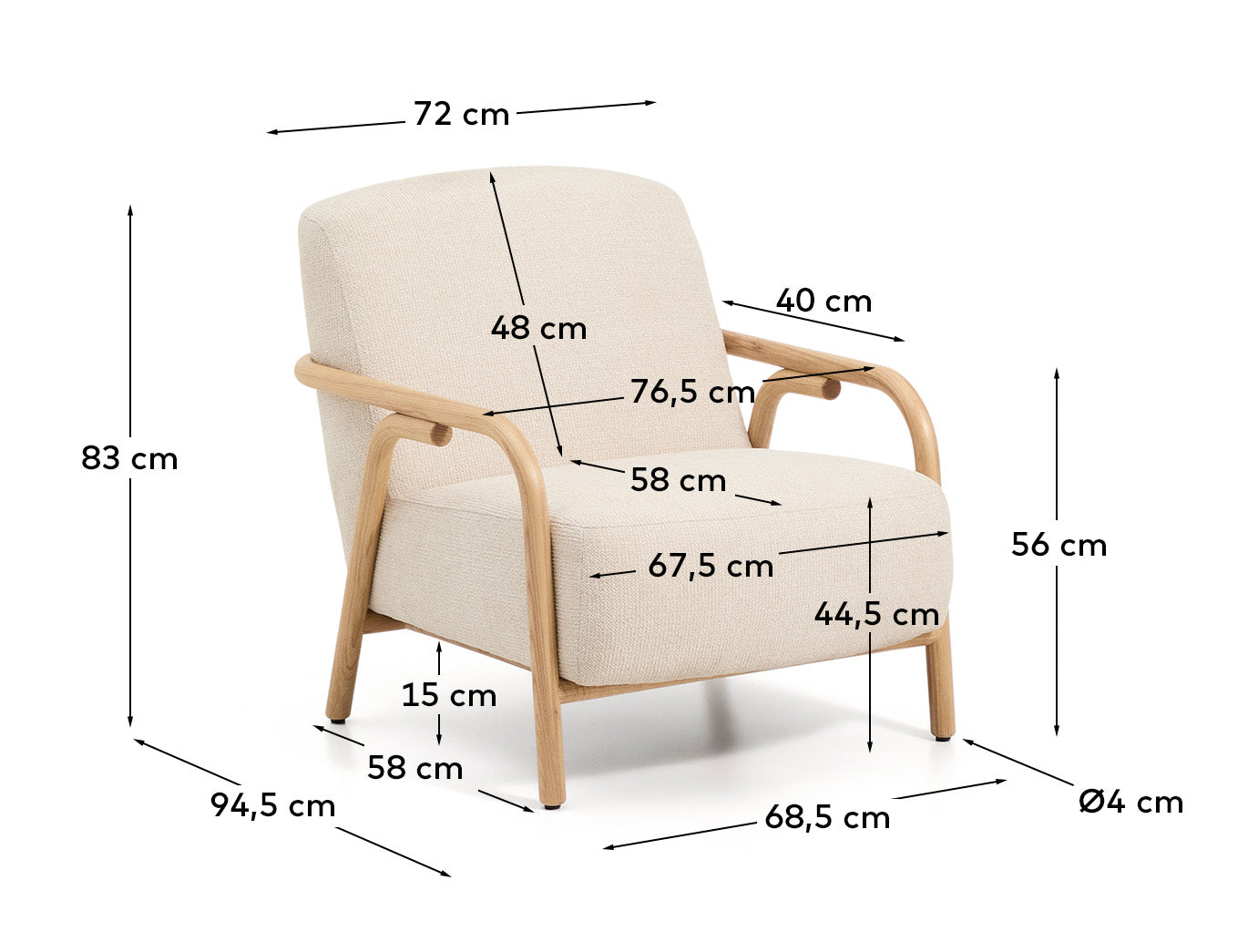 Poltrona Sylo in ciniglia beige e legno massiccio di frassino con finitura naturale