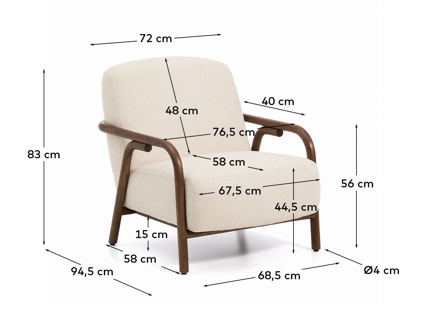 Poltrona Sylo in ciniglia beige e legno massiccio di frassino con finitura color noce