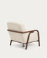 Poltrona Sylo in ciniglia beige e legno massiccio di frassino con finitura color noce