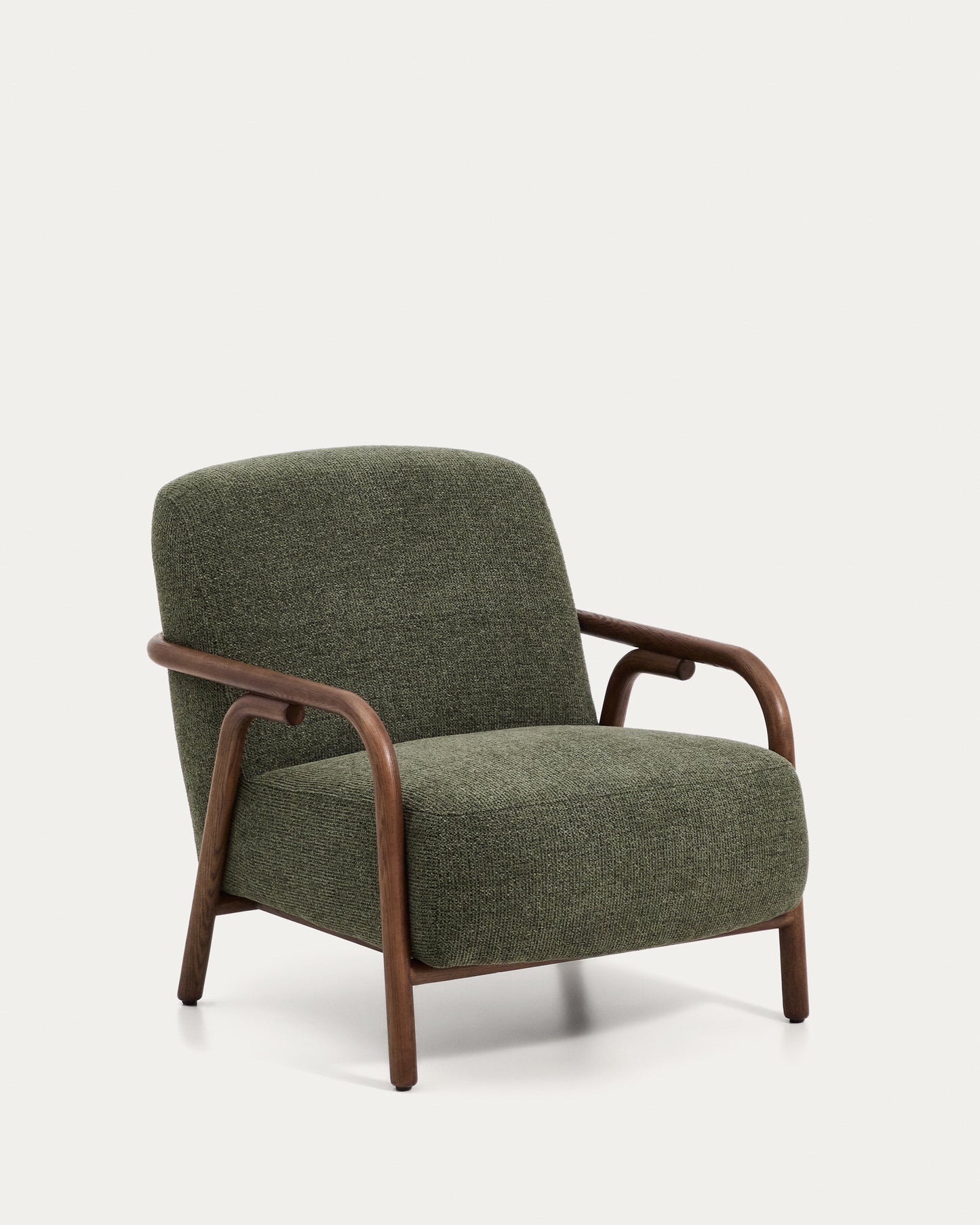 Poltrona Sylo in ciniglia verde scuro e legno massiccio di frassino con finitura color noce
