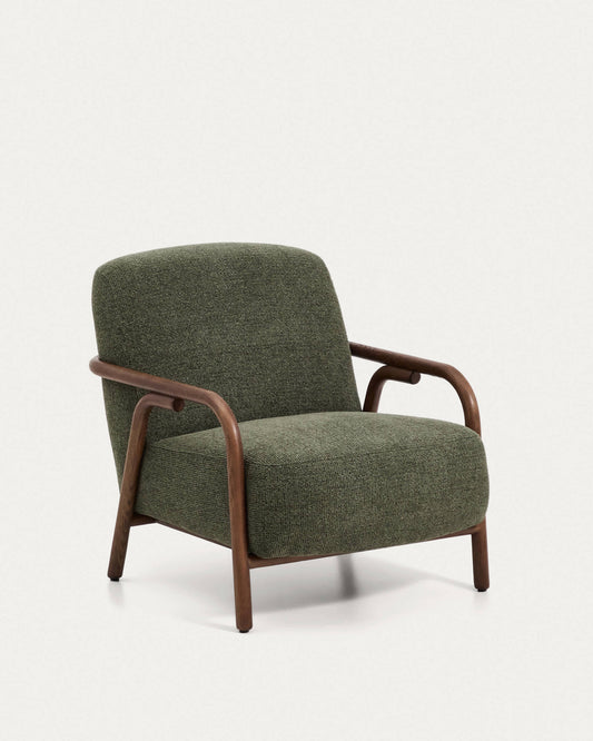 Poltrona Sylo in ciniglia verde scuro e legno massiccio di frassino con finitura color noce