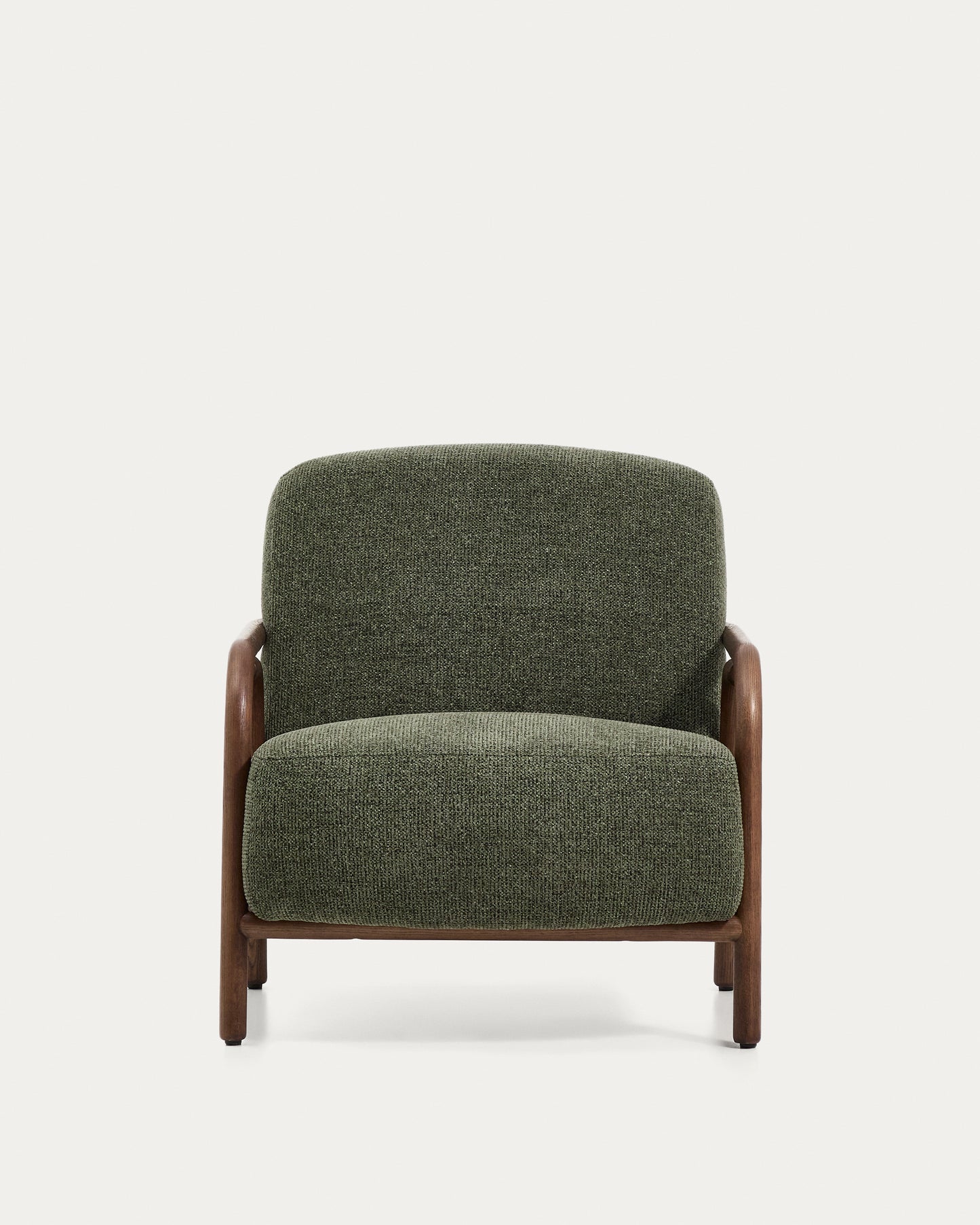 Poltrona Sylo in ciniglia verde scuro e legno massiccio di frassino con finitura color noce
