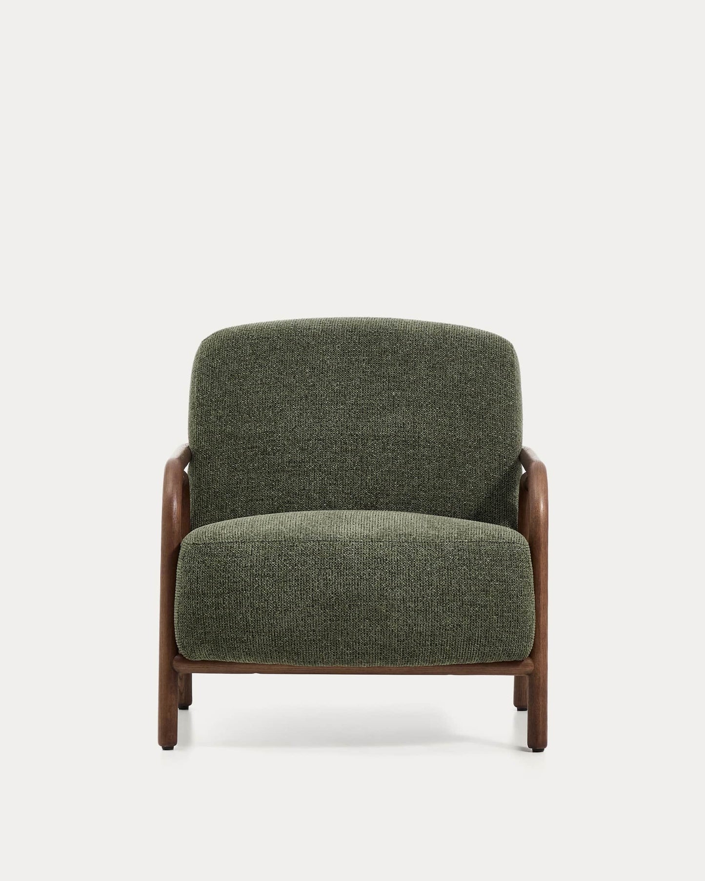 Poltrona Sylo in ciniglia verde scuro e legno massiccio di frassino con finitura color noce
