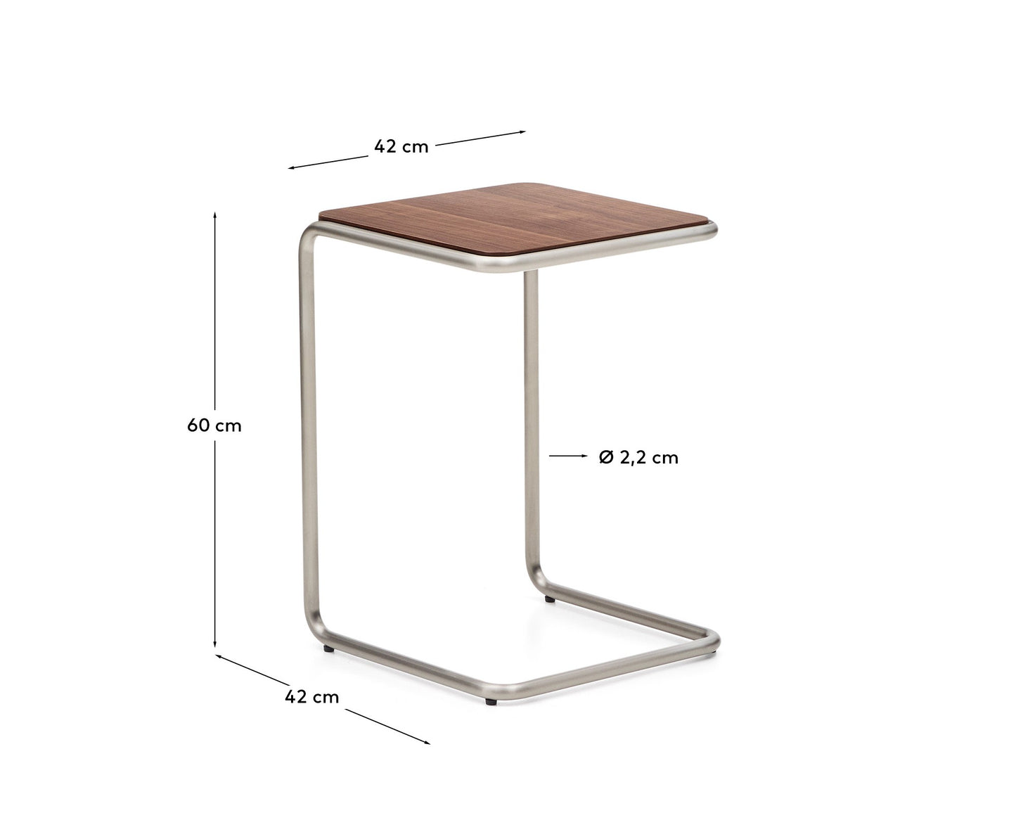 Tavolino da appoggio Tarsel in impiallacciato di noce con struttura in acciaio inox spazzolato 42 x 60 cm
