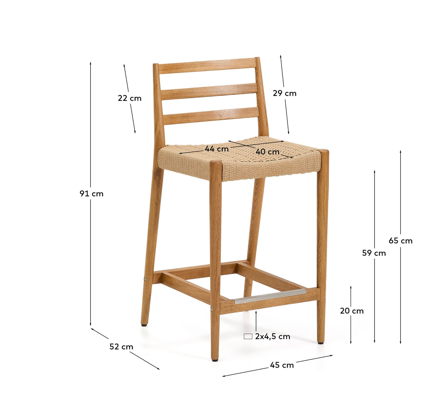 Sgabello Analy schienale legno massello di rovere finitura tono naturale e seduta corda 65 cm