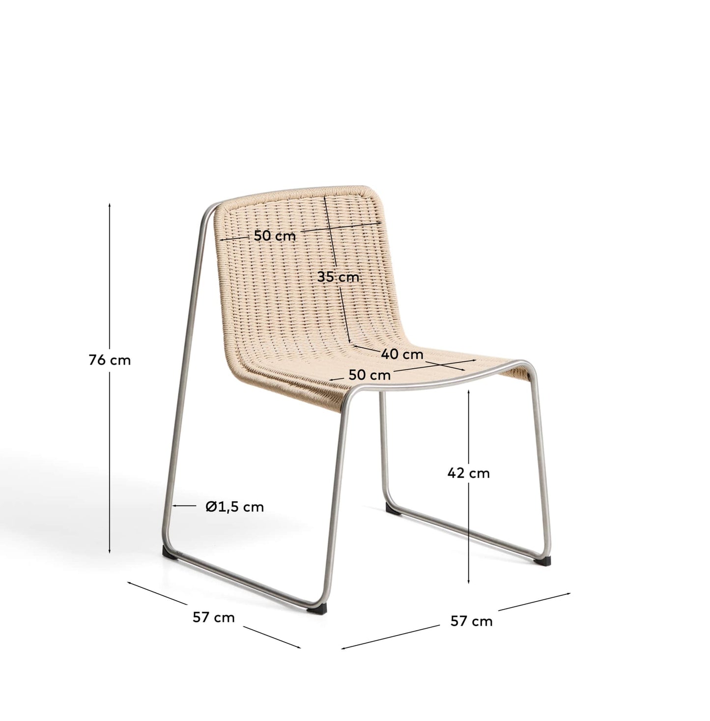 Sedia impilabile Tavari in corda sintetica beige e acciaio inox spazzolato
