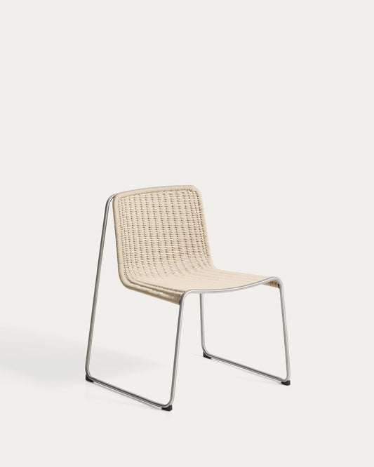 Sedia impilabile Tavari in corda sintetica beige e acciaio inox spazzolato