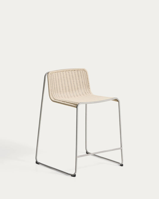 Sgabello impilabile Tavari in corda sintetica beige e acciaio inox AISI 304 effetto spazzolato 65 cm