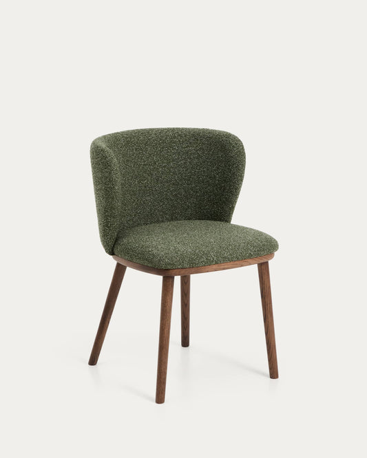 Sedia Ciselia in ciniglia spessa verde scuro e gambe in legno massiccio di frassino con finitura noce