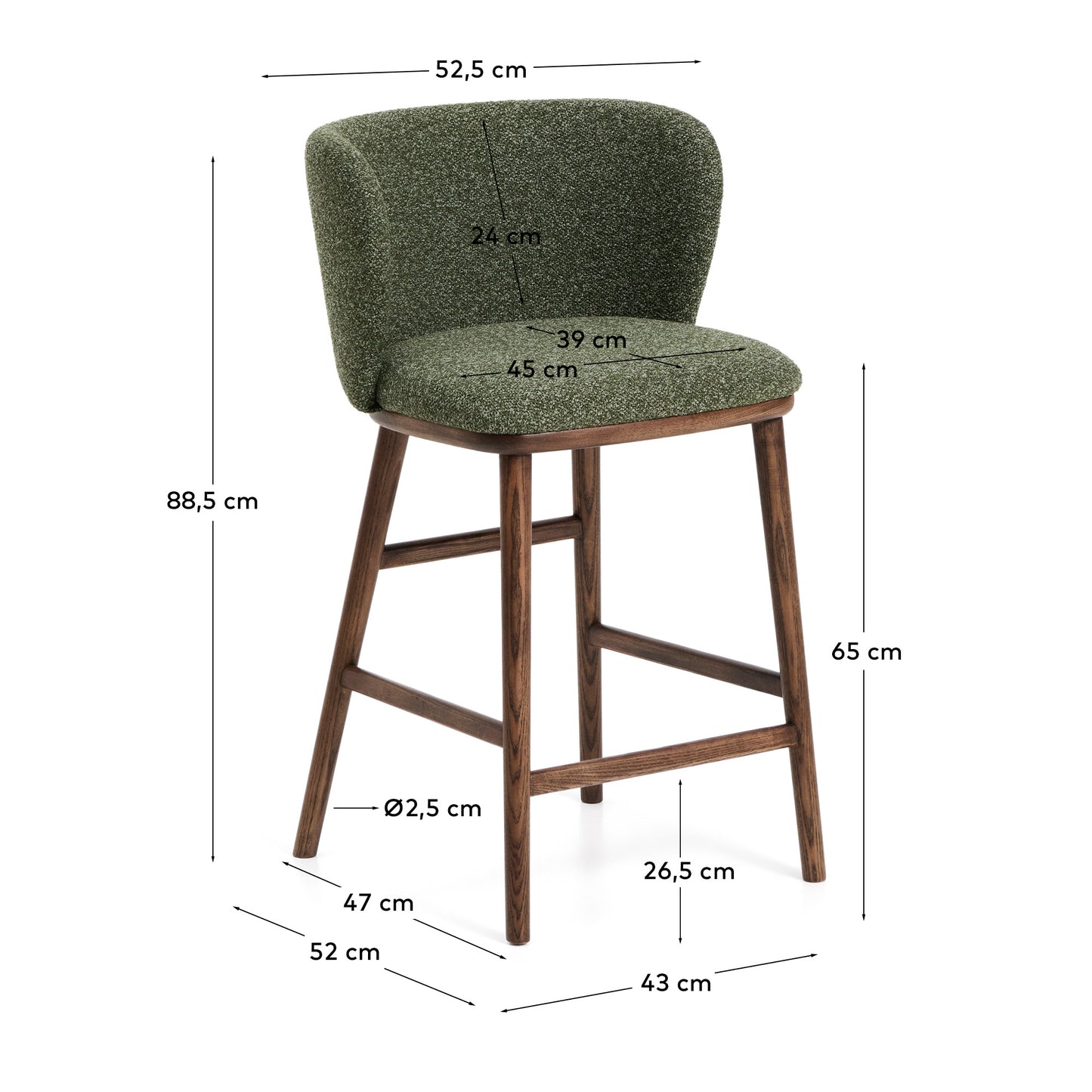 Sgabello Ciselia in ciniglia spessa verde scuro e gambe in legno massiccio di frassino con finitura noce 65 cm