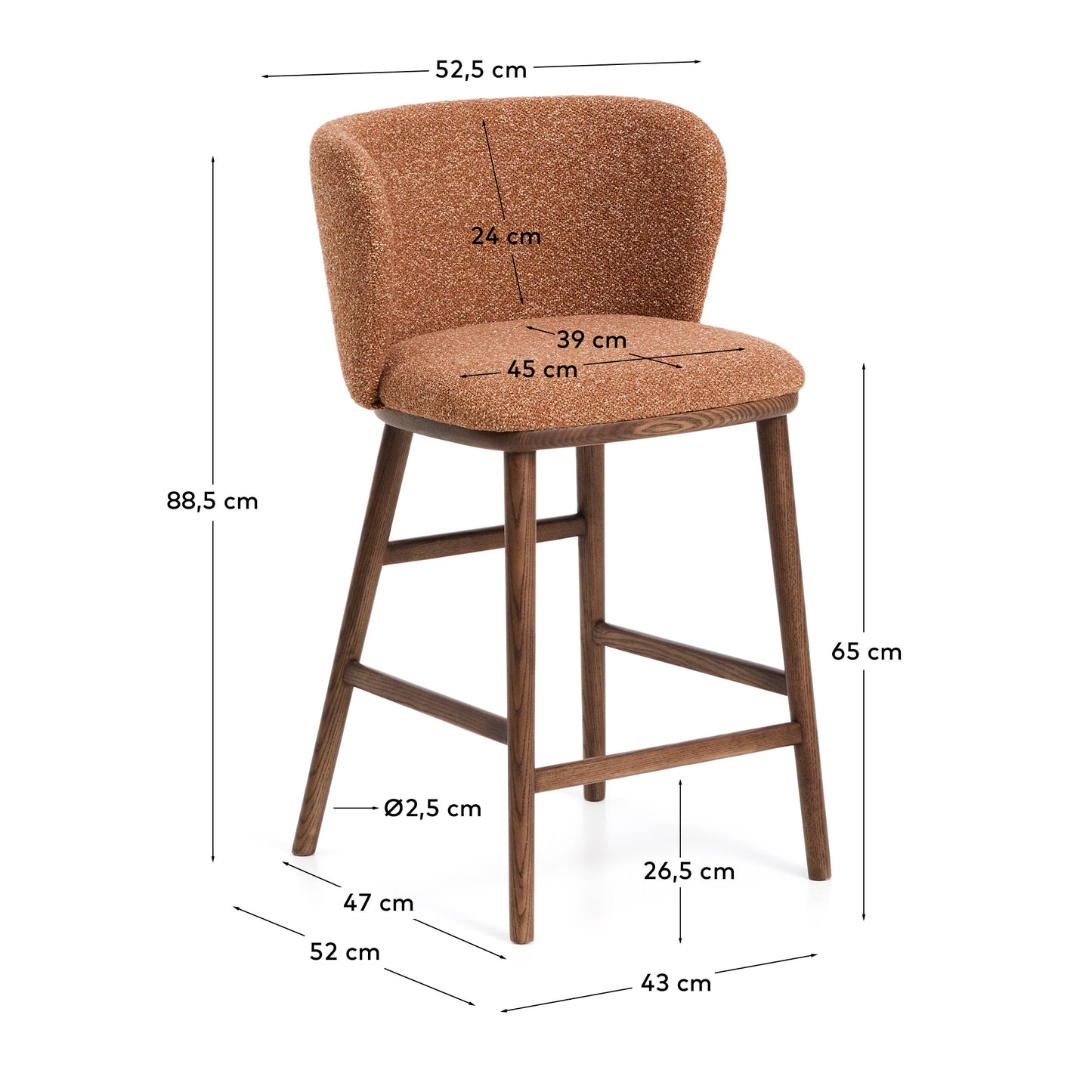 Sgabello Ciselia in ciniglia spessa terracotta e gambe in legno massiccio di frassino con finitura noce 65 cm