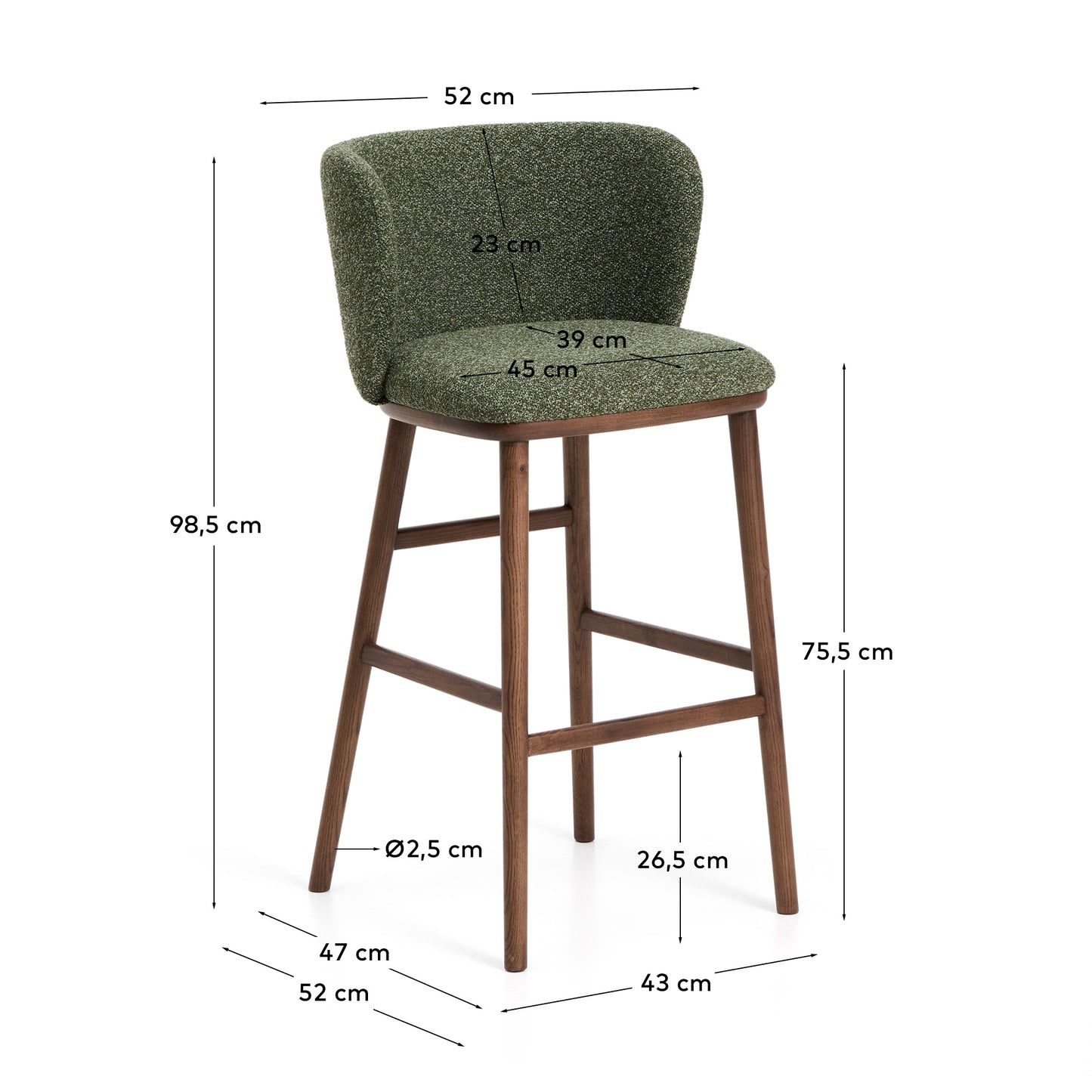 Sgabello Ciselia in ciniglia spessa verde scuro e gambe in legno massiccio di frassino con finitura noce 75 cm