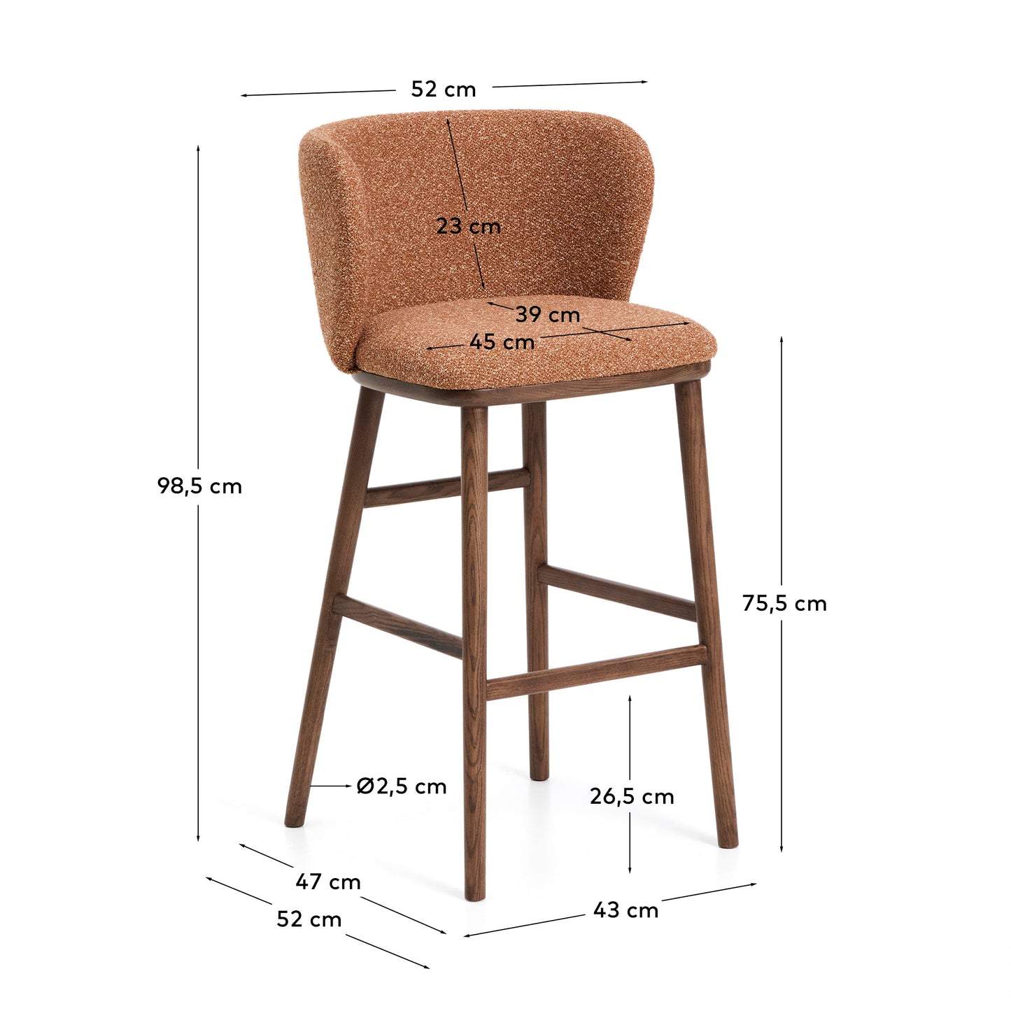 Sgabello Ciselia in ciniglia spessa terracotta e gambe in legno massiccio di frassino con finitura noce 75 cm