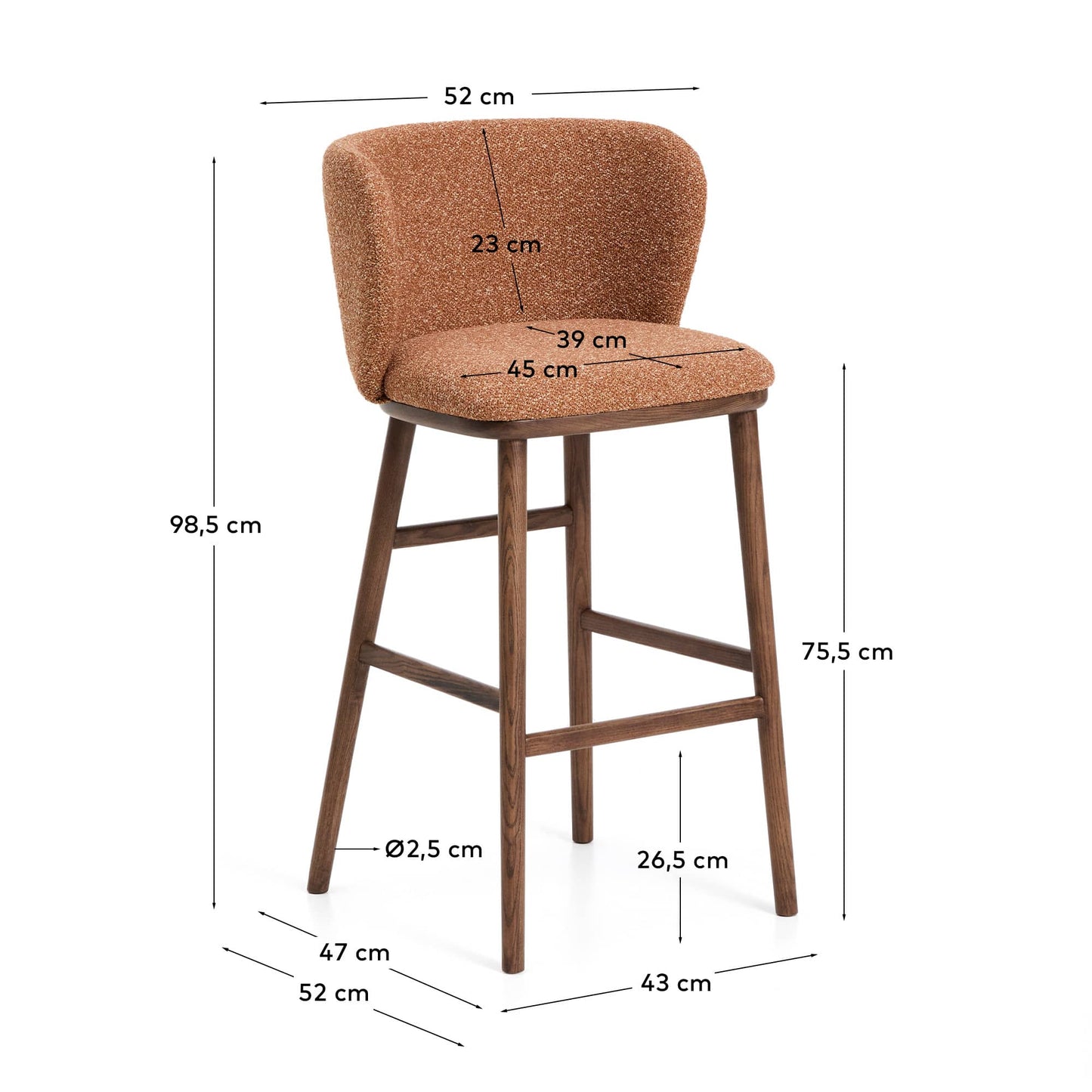 Sgabello Ciselia in ciniglia spessa terracotta e gambe in legno massiccio di frassino con finitura noce 75 cm