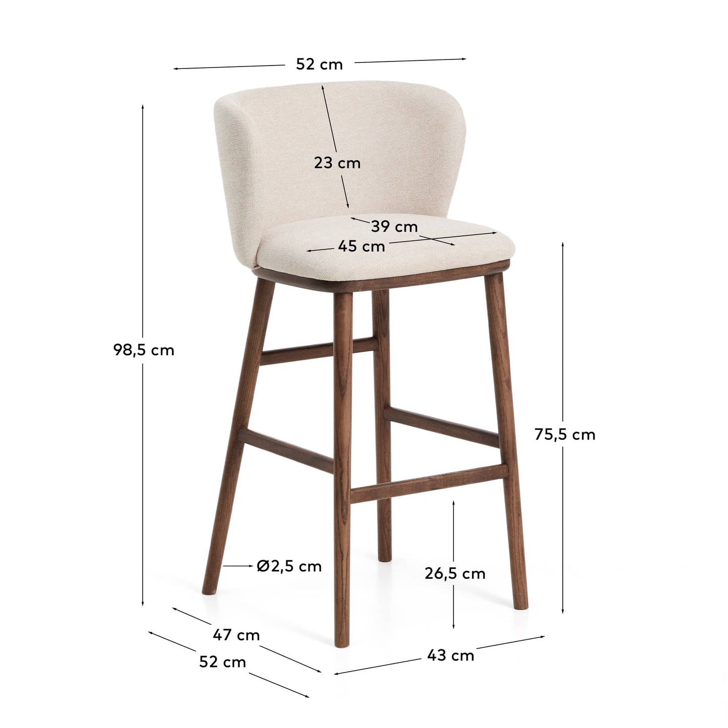 Sgabello Ciselia in ciniglia beige e gambe in legno massiccio di frassino con finitura noce 75 cm