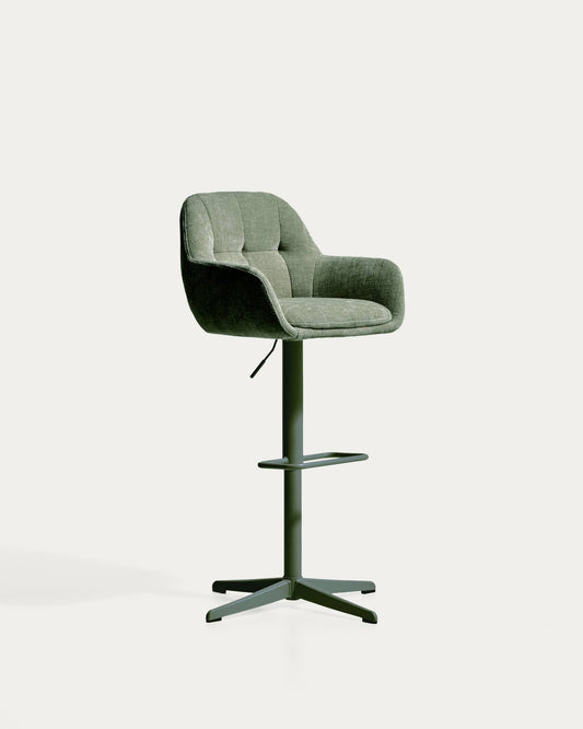 Sgabello girevole Dorina in ciniglia verde con gambe in acciaio con finitura verde