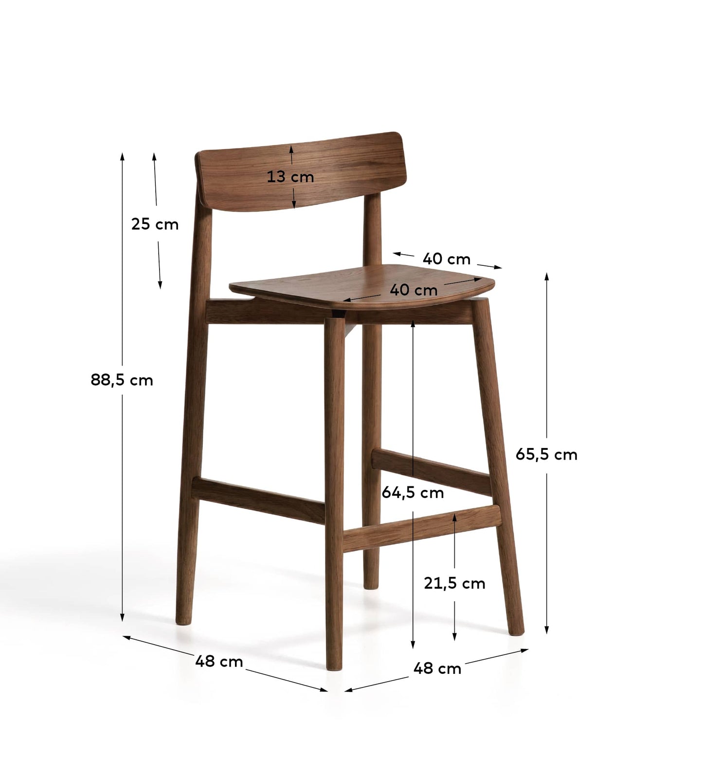 Sgabello Evera con schienale in impiallacciato di rovere con finitura noce 65 cm