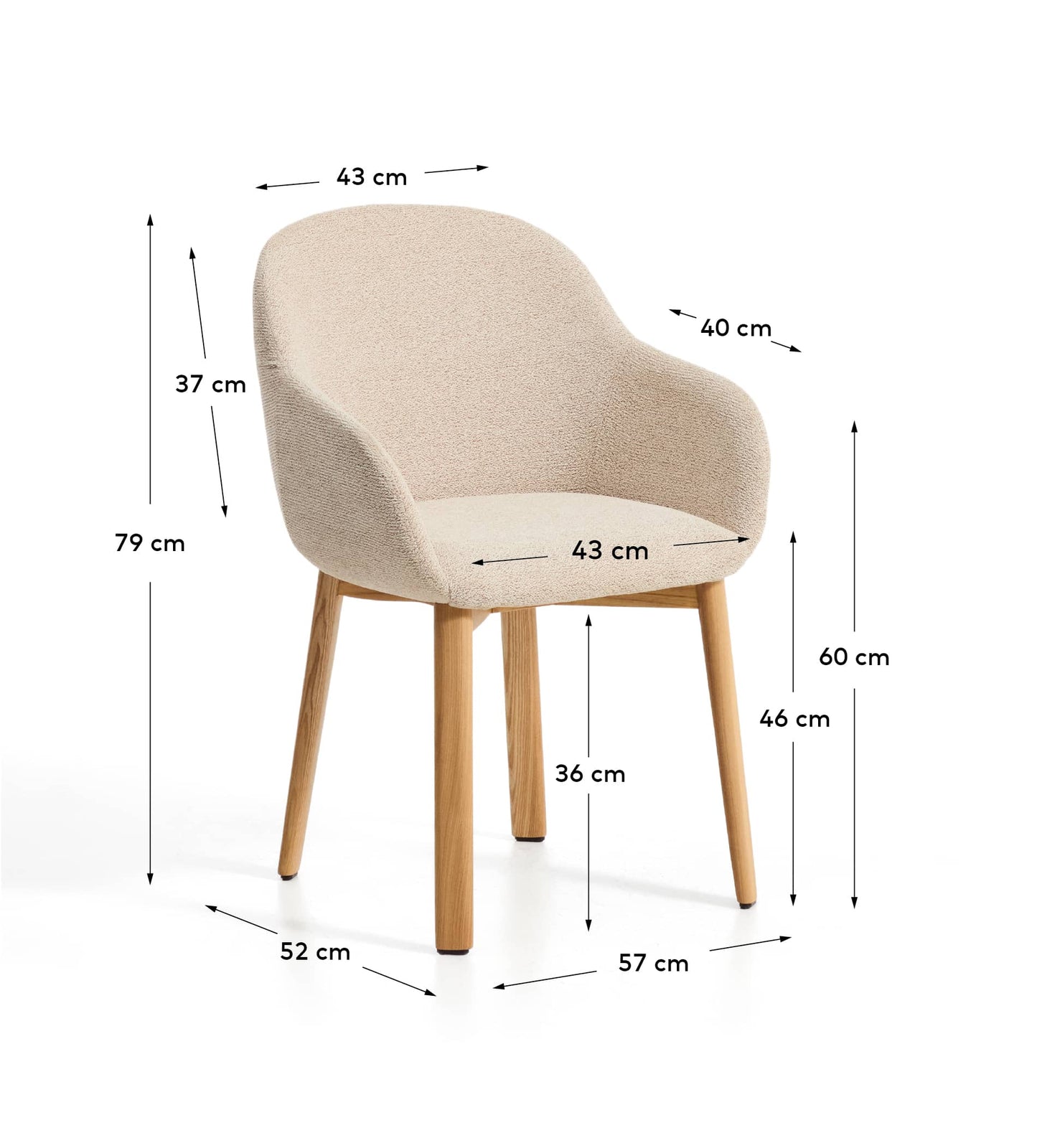 Sedia Meila con braccioli in ciniglia beige e gambe in rovere massiccio con finitura naturale