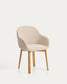 Sedia Meila con braccioli in ciniglia beige e gambe in rovere massiccio con finitura naturale