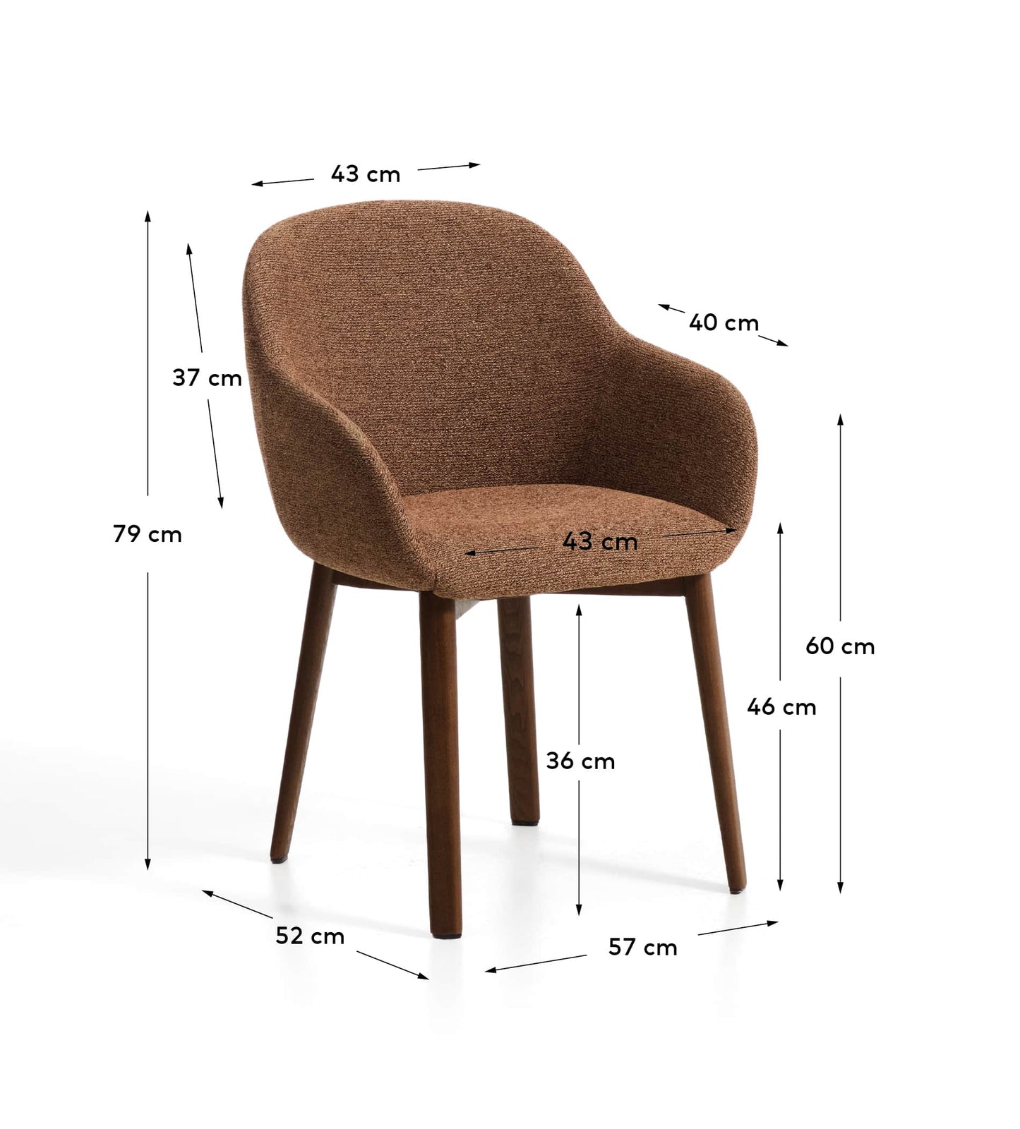 Sedia Meila con braccioli in ciniglia terracotta e gambe in rovere massiccio con finitura noce