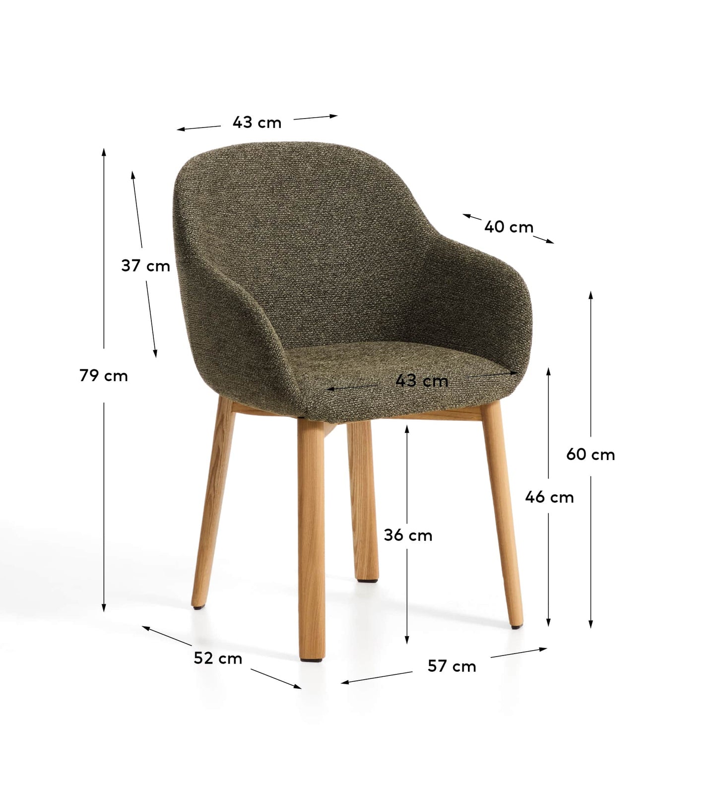 Sedia Meila con braccioli in ciniglia verde e gambe in rovere massiccio con finitura naturale