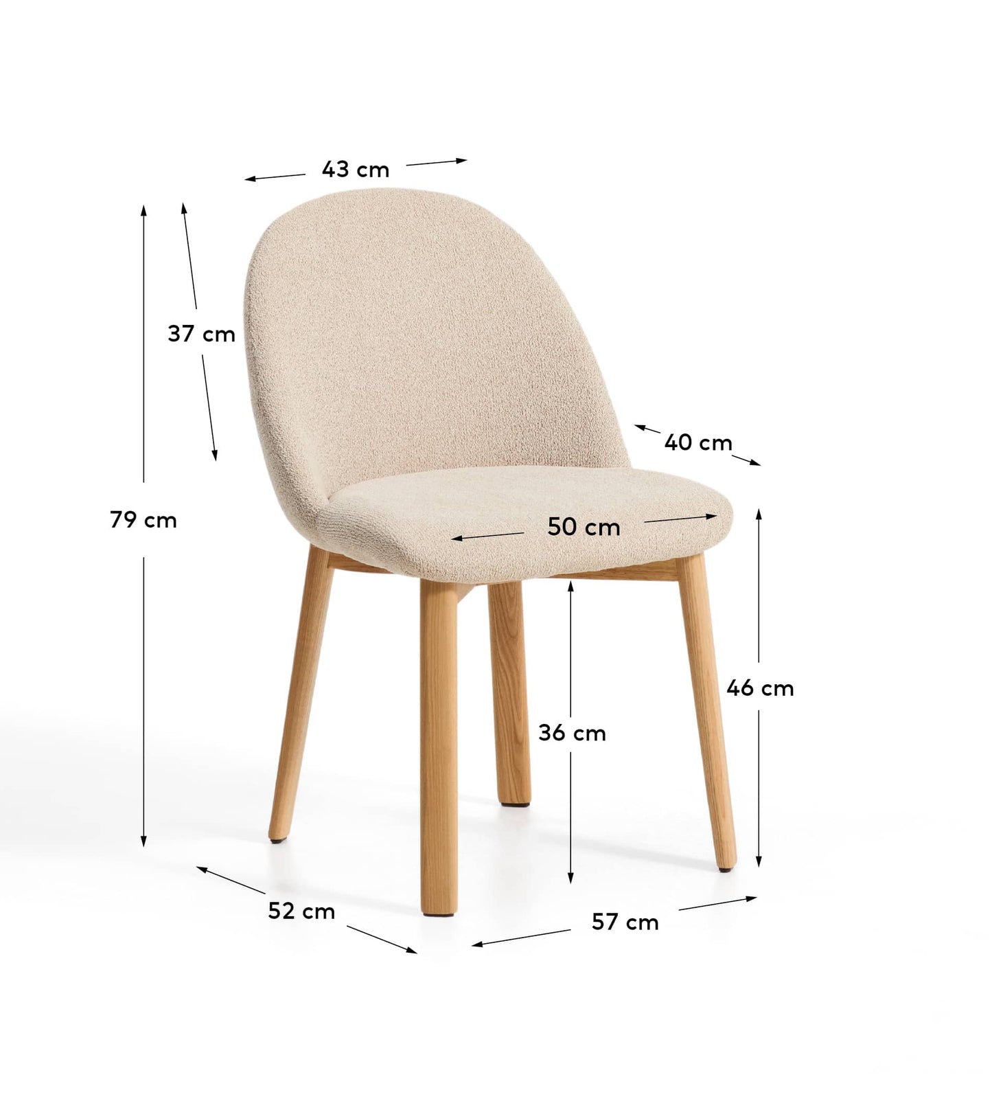 Sedia Meila in ciniglia beige e gambe in rovere massiccio con finitura naturale