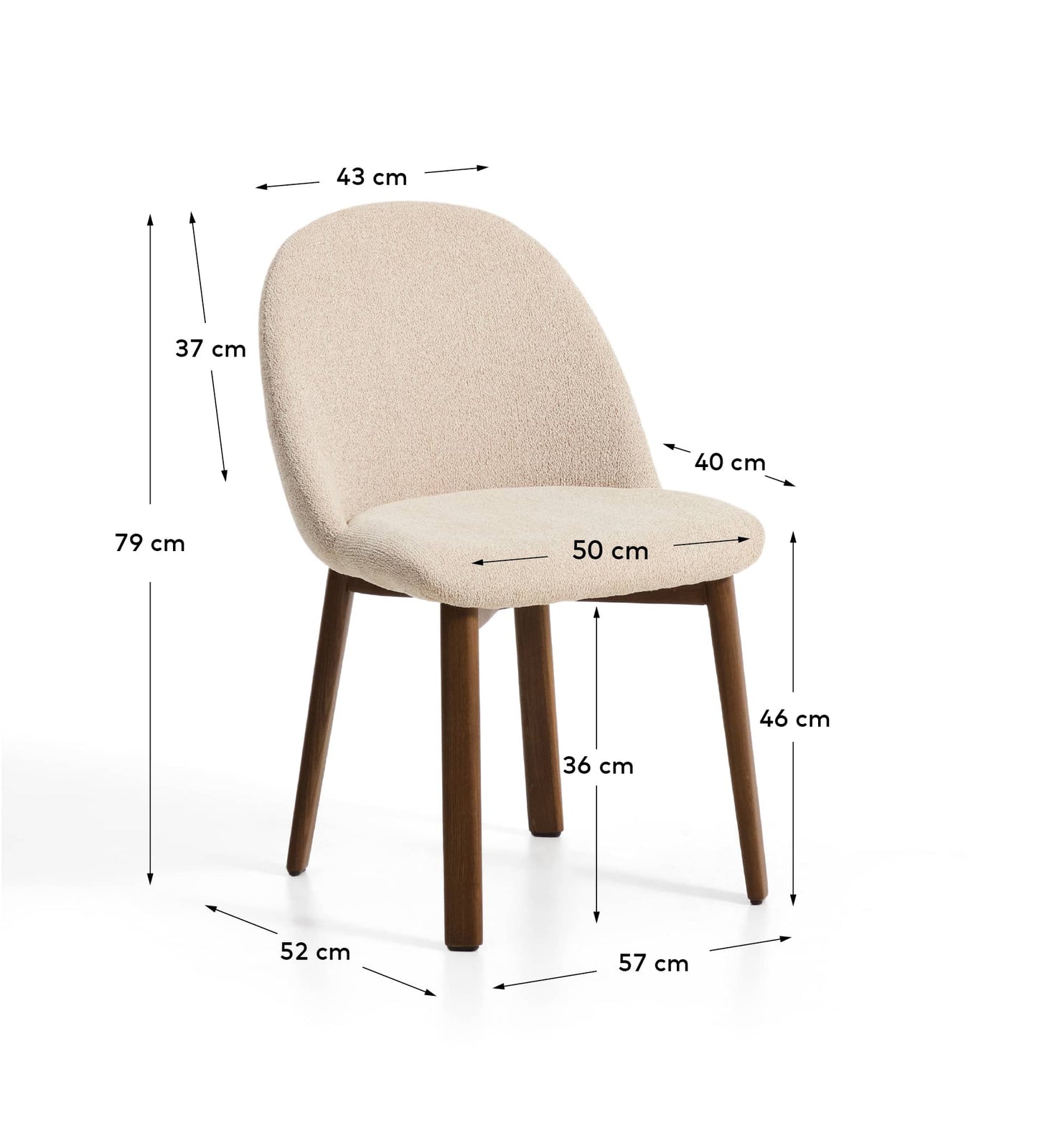 Sedia Meila in ciniglia beige e gambe in rovere massiccio con finitura noce