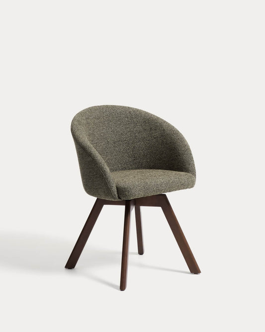 Sedia girevole Marvin ciniglia verde e gambe di legno massiccio di faggio con finitura noce FSC 100%