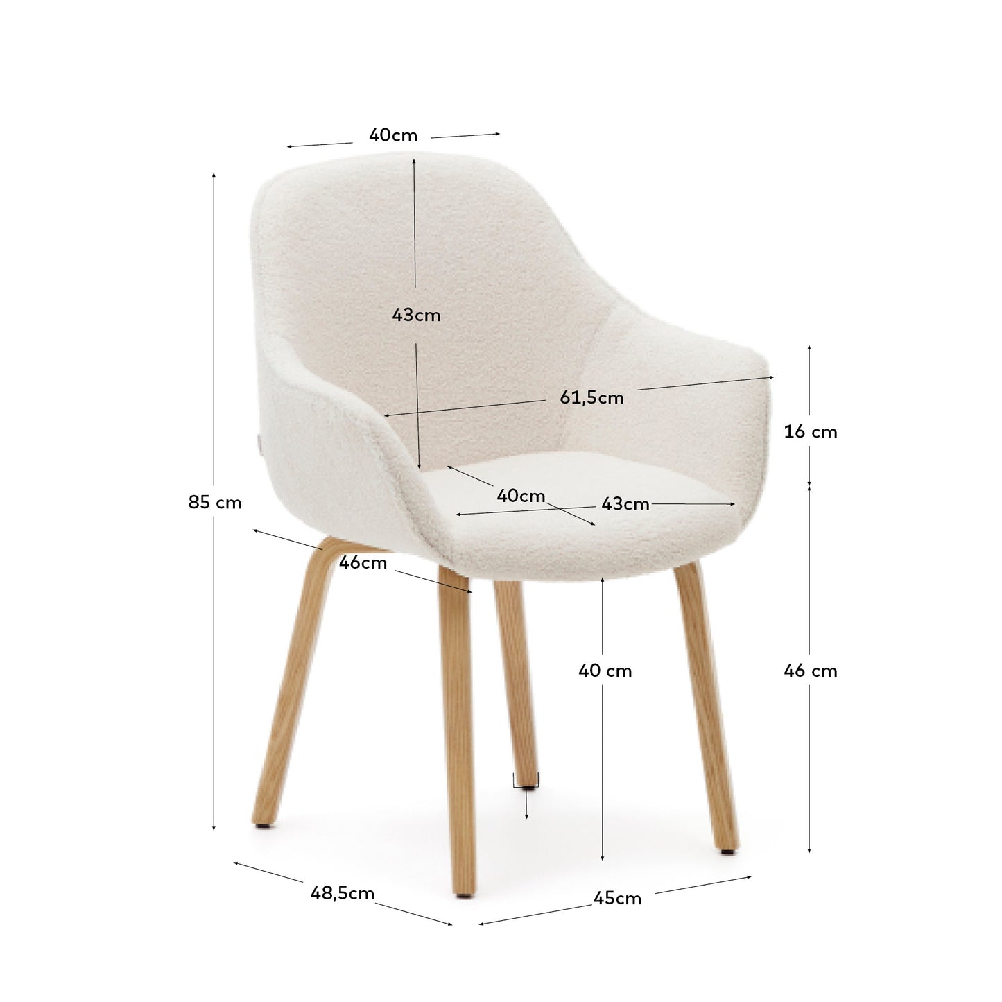 Sedia Aleli in shearling bianco e gambe in legno massiccio di frassino con finitura naturale