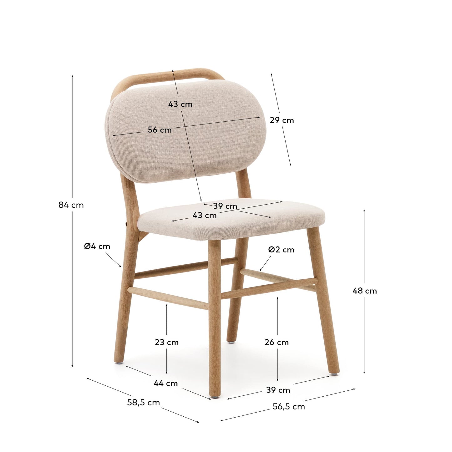 Sedia Helda in ciniglia beige e massello di quercia