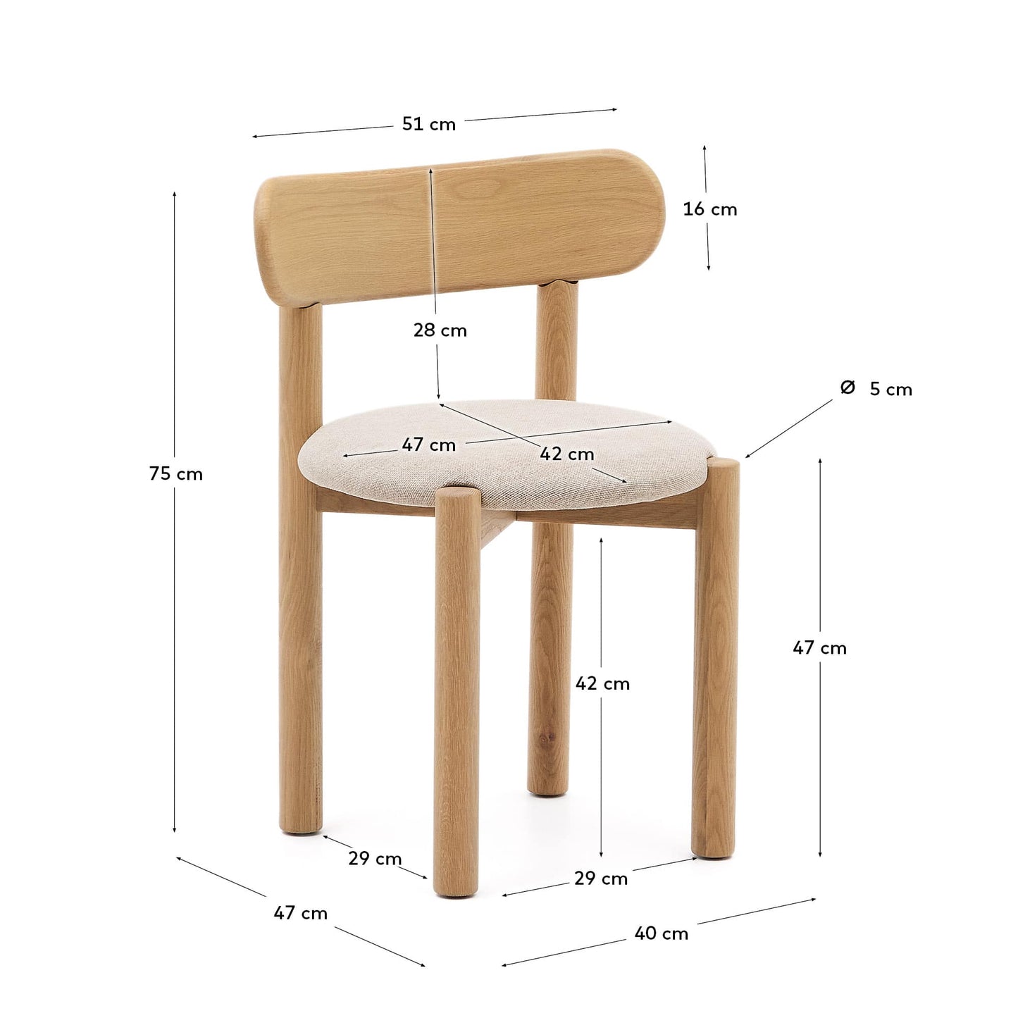 Sedia Nebai in ciniglia beige con struttura in legno massiccio di rovere finitura naturale