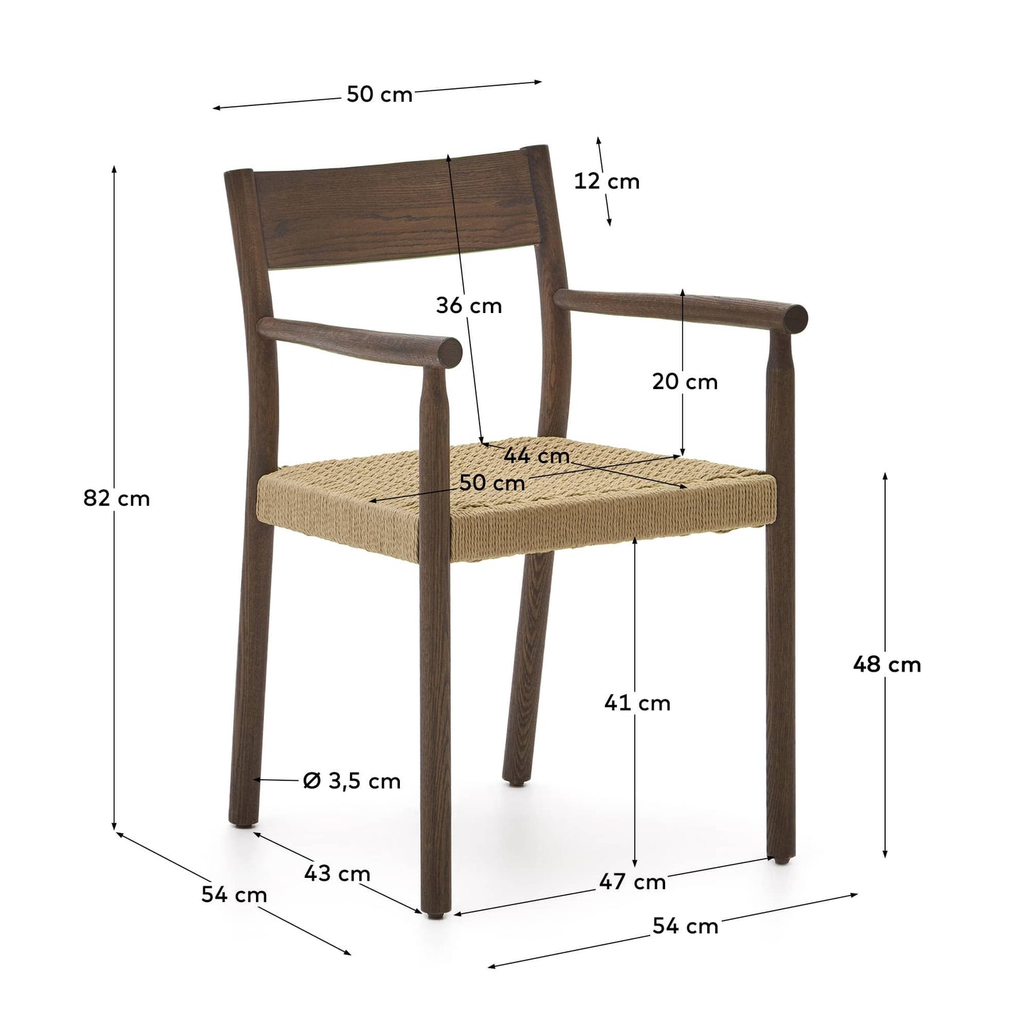 Sedia Yalia in legno massiccio di rovere con finitura noce e seduta di corda