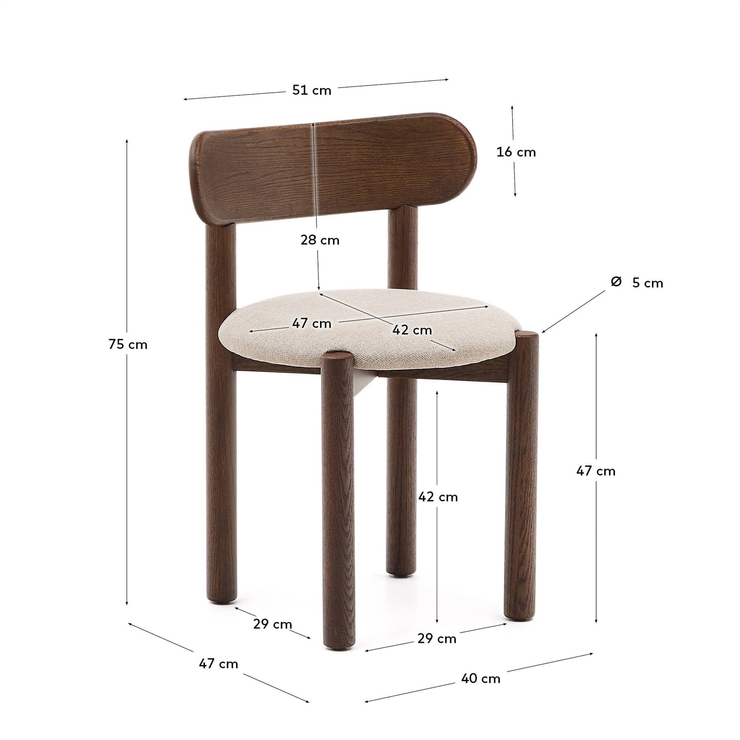 Sedia Nebai in ciniglia marrone con struttura in legno massiccio di rovere finitura in noce