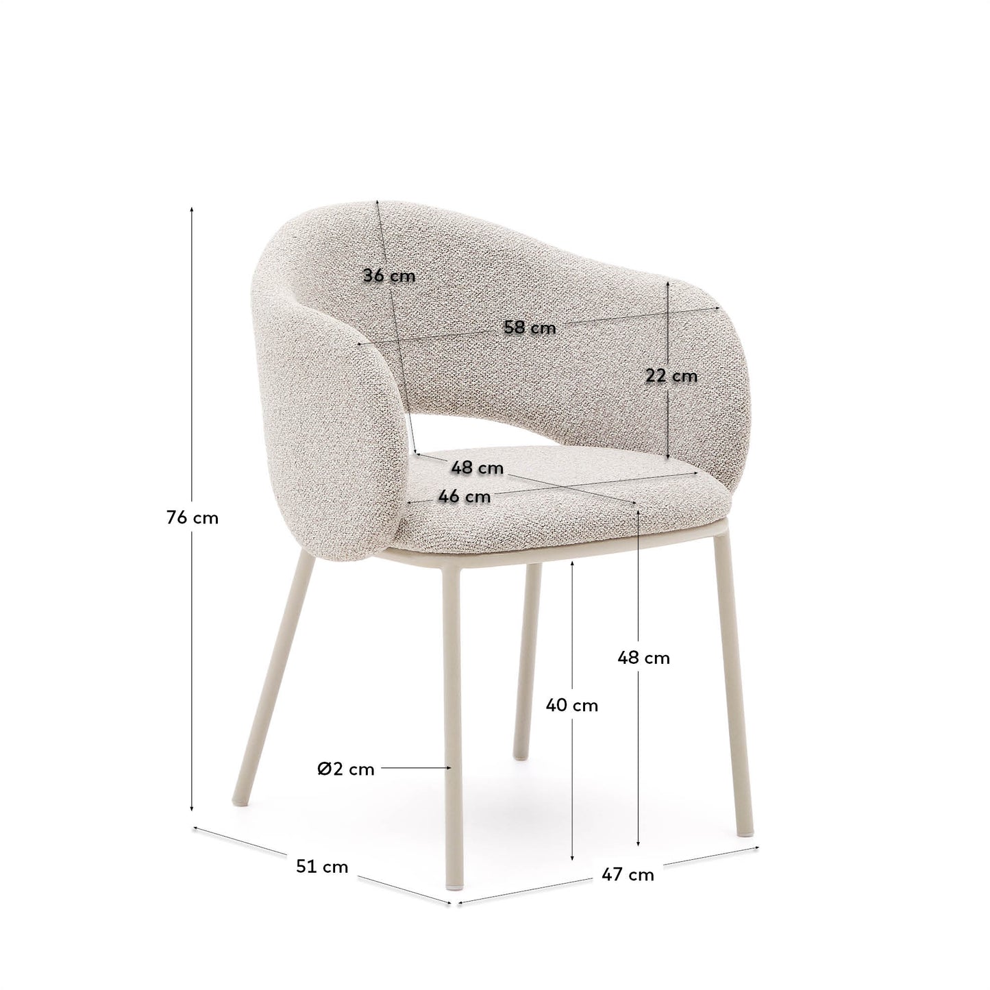 Sedia Maina di ciniglia spessa beige e gambe in acciaio con finitura beige