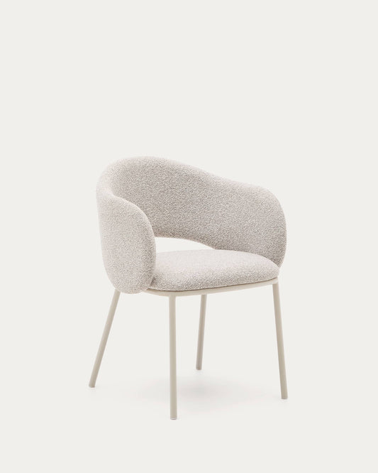 Sedia Maina di ciniglia spessa beige e gambe in acciaio con finitura beige