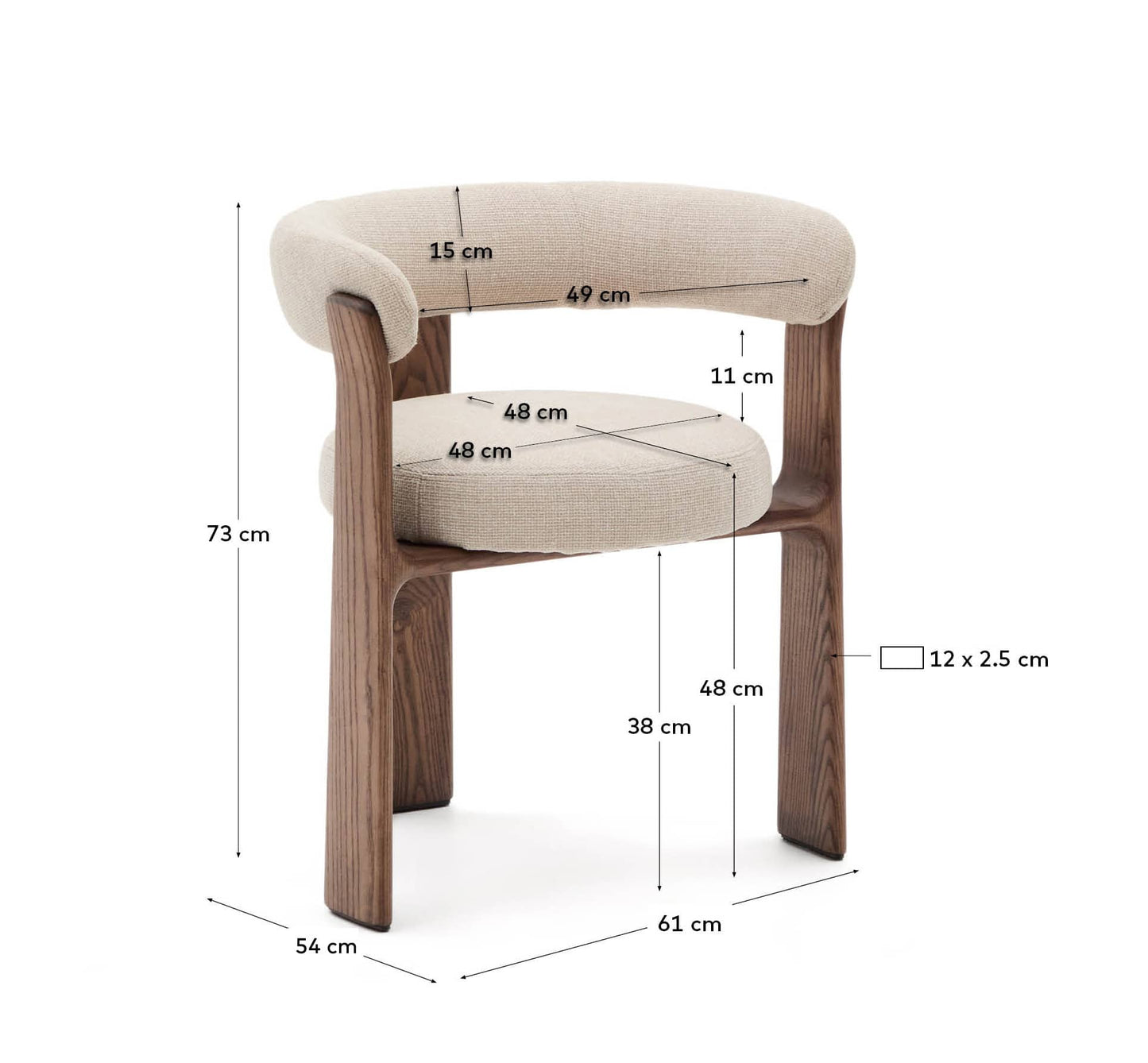 Sedia Granite 3 gambe in ciniglia beige e legno massello di frassino finitura noce