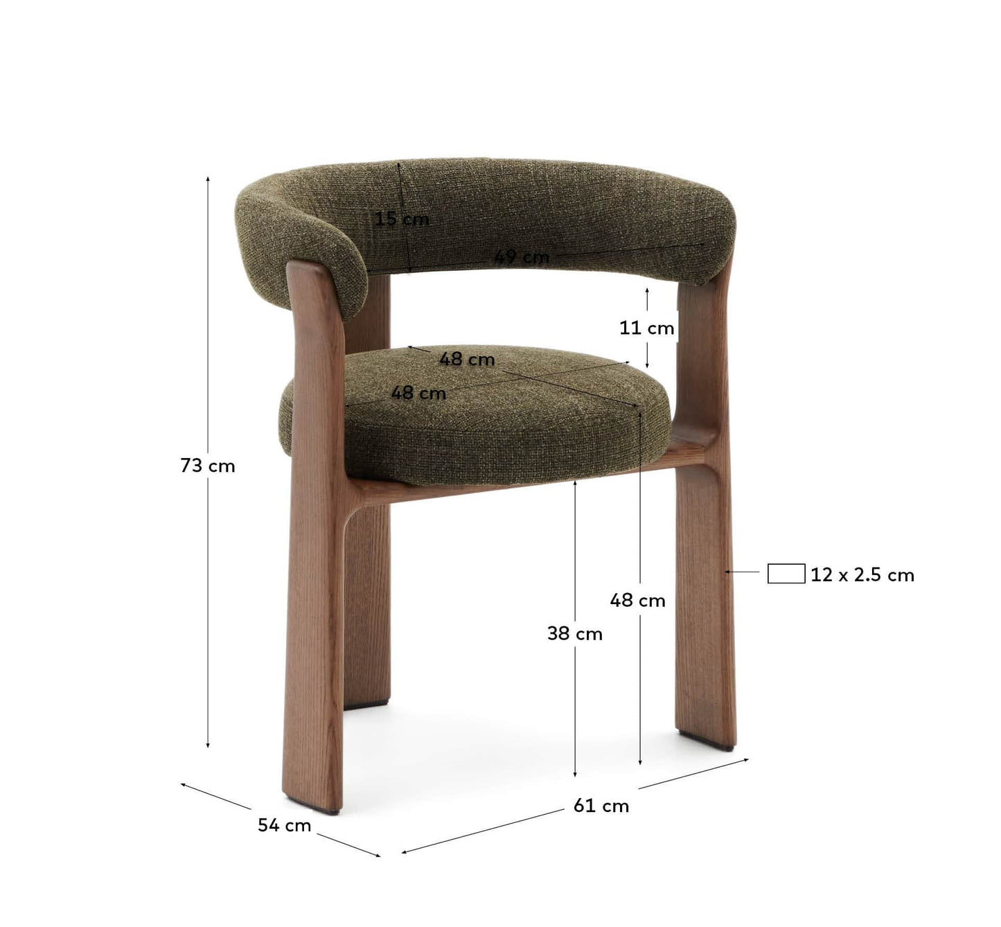 Sedia Granite 3 gambe in ciniglia verde e legno massello di frassino finitura noce