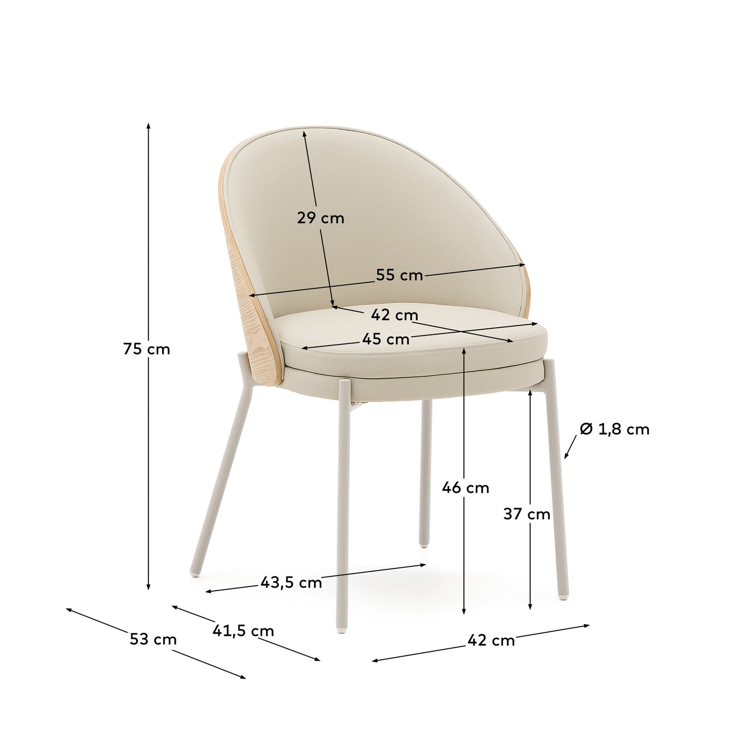 Sedia Eamy di pelle sintetica beige, impiallacciatura in frassino con finitura naturale