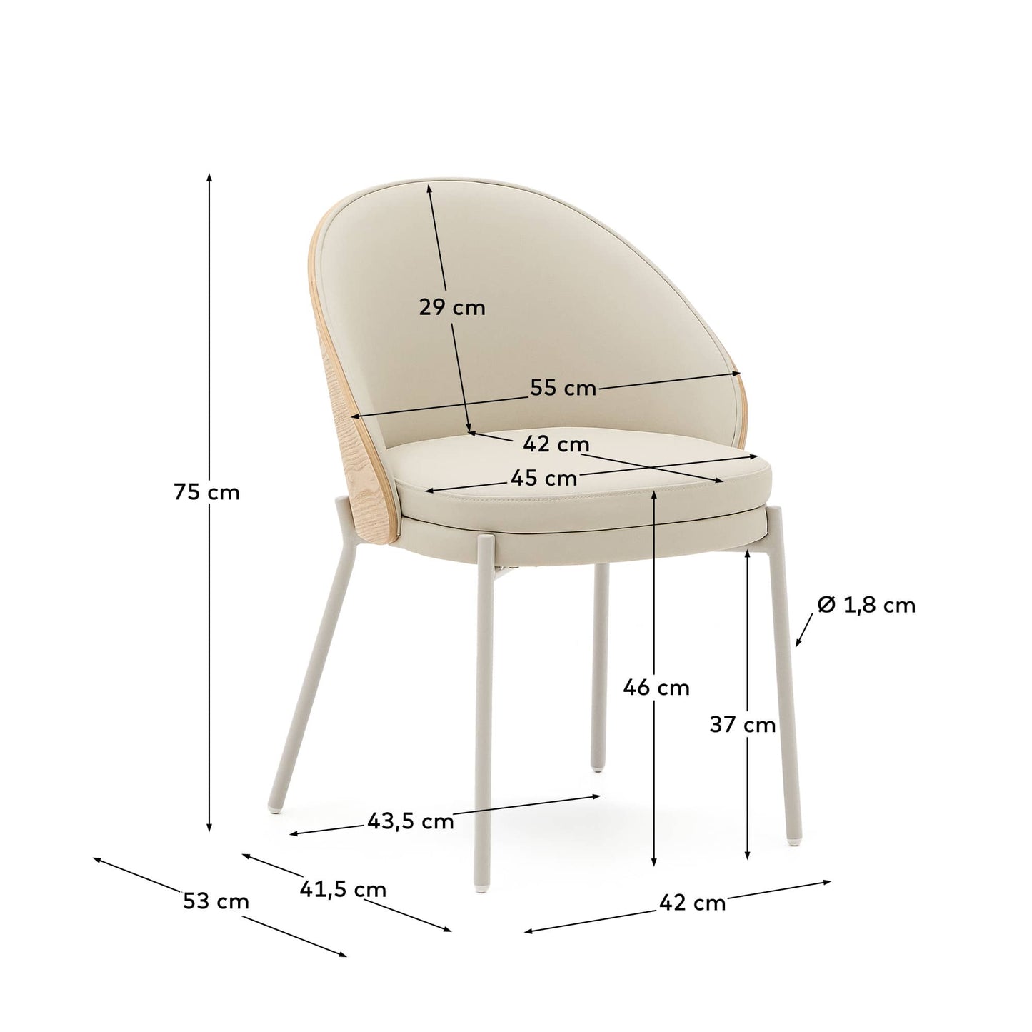 Sedia Eamy di pelle sintetica beige, impiallacciatura in frassino con finitura naturale