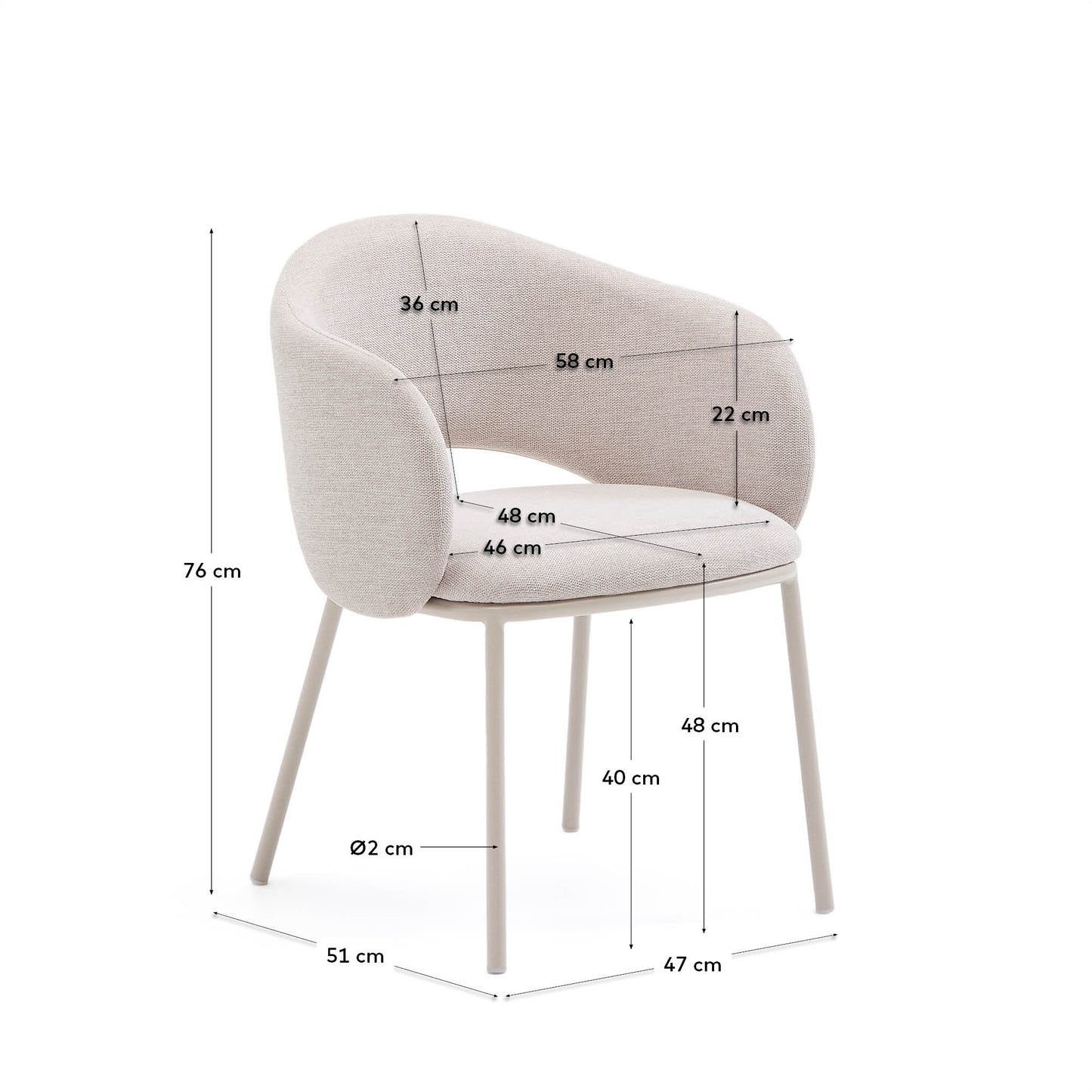 Sedia Maina beige e gambe in acciaio con finitura beige