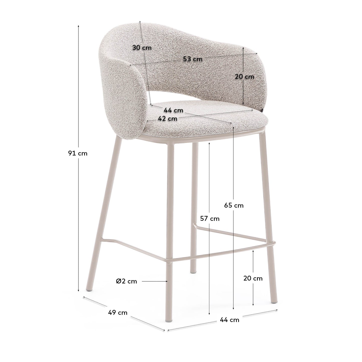 Sgabello Maina di ciniglia spessa beige e gambe in acciaio finitura beige 65 cm