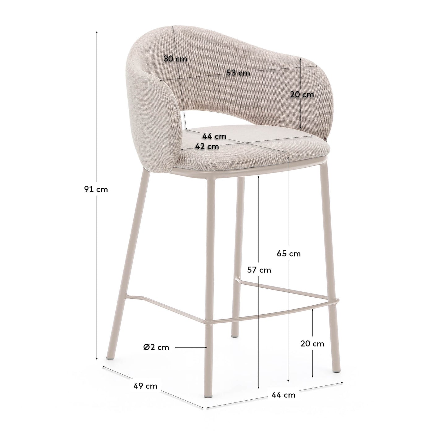 Sgabello Maina di ciniglia beige e gambe in acciaio con finitura beige 65 cm