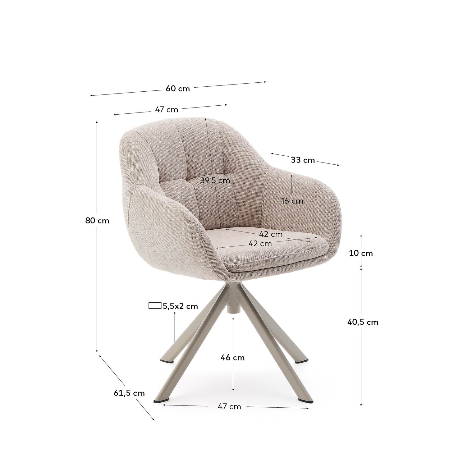 Sedia girevole Dorina di ciniglia beige e gambe in acciaio con finitura beige