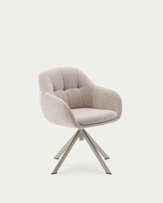 Sedia girevole Dorina di ciniglia beige e gambe in acciaio con finitura beige